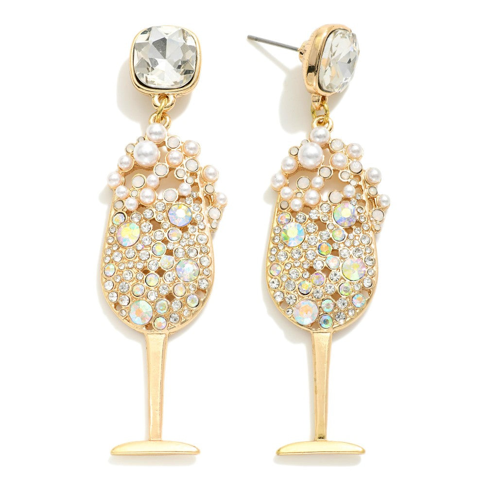 Rhinestone And Pearl Bubbly Drink Drop Earrings