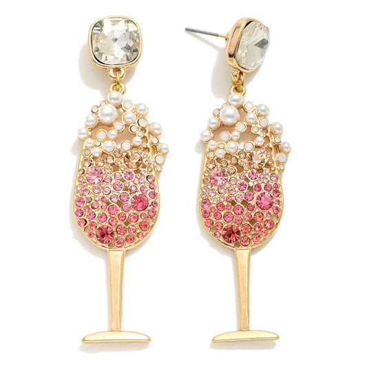 Rhinestone And Pearl Bubbly Drink Drop Earrings - Pink