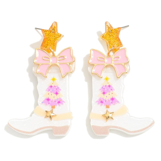 Glitter Acetate Christmas Cowgirl Boot Post Drop Earrings Featuring Star Post - White