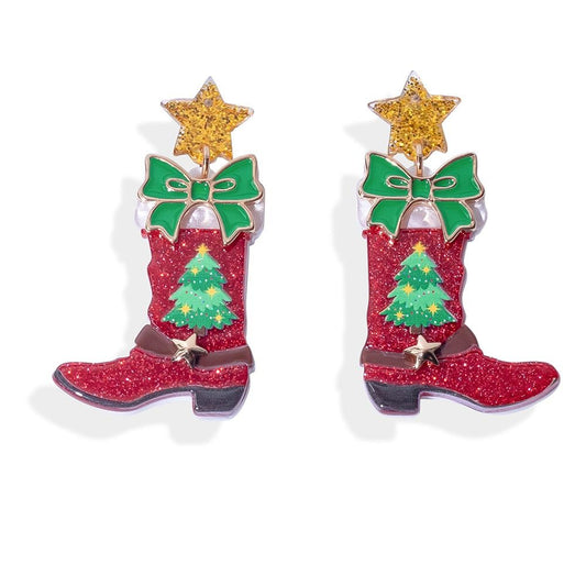 Glitter Acetate Christmas Cowgirl Boot Post Drop Earrings Featuring Star Post - Red