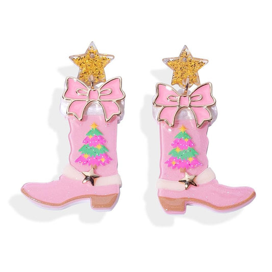 Glitter Acetate Christmas Cowgirl Boot Post Drop Earrings Featuring Star Post - Pink