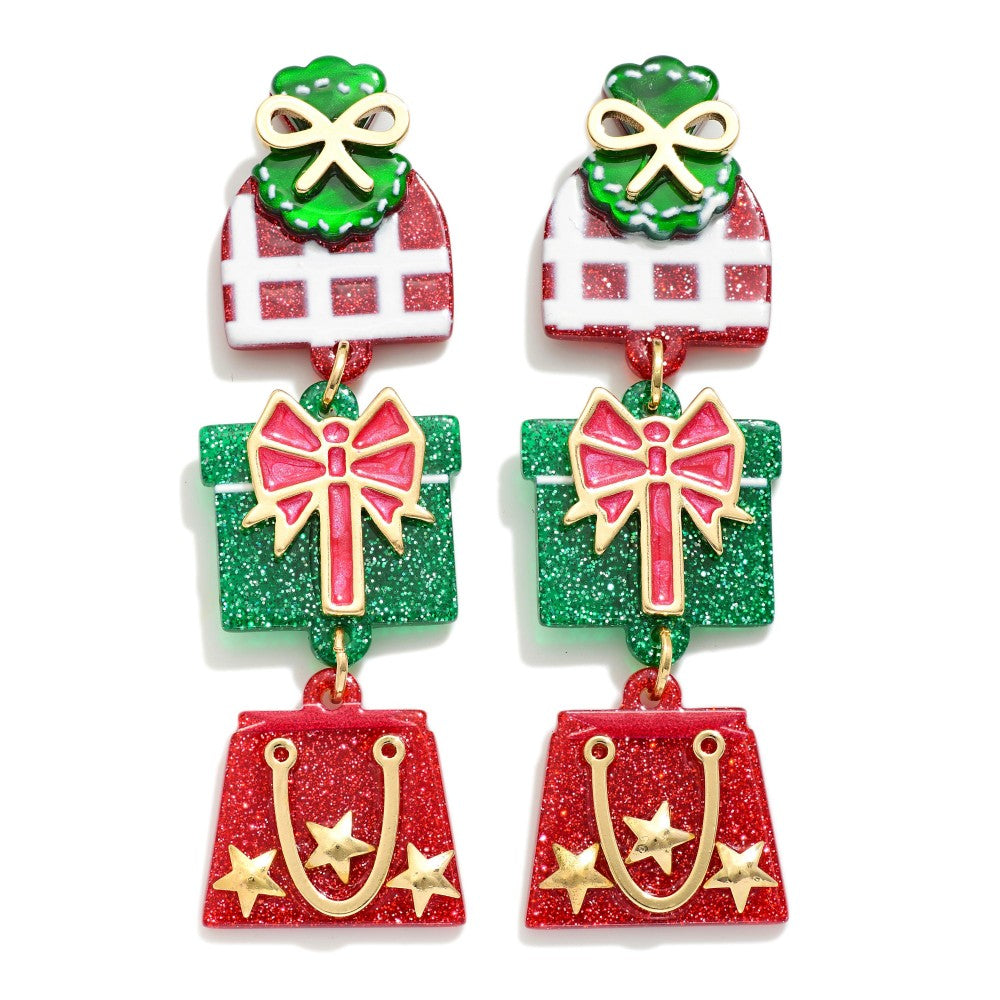 Linked Glitter Acetate Christmas Present Post Drop Earrings - Green & Red