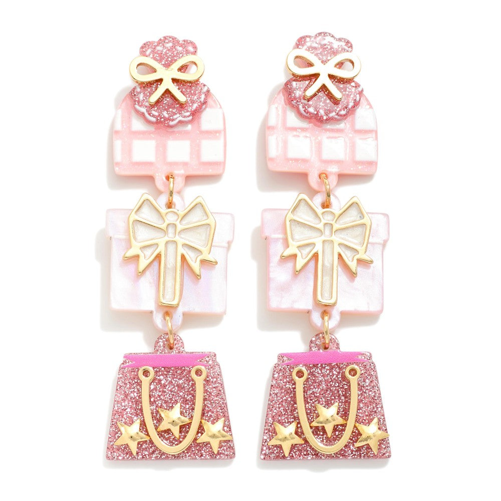 Linked Glitter Acetate Christmas Present Post Drop Earrings - Pink