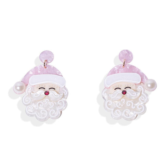 Acetate Santa Claus Post Drop Earrings Featuring Pearl Details - Pink