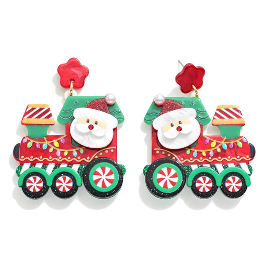 Acetate Santa Train Post Drop Earrings - Red & Green