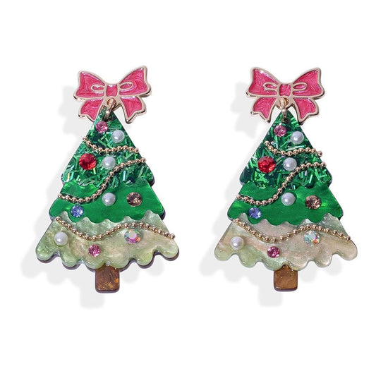 Glitter Acetate Decorated Christmas Tree Post Drop Earrings Featuring Bow Post - Green