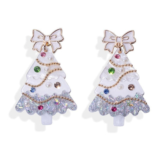 Glitter Acetate Decorated Christmas Tree Post Drop Earrings Featuring Bow Post - White