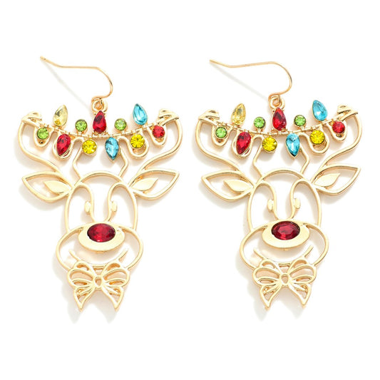 Gold Tone Metal Reindeer Outline Drop Earrings With Rhinestone Christmas Light Details