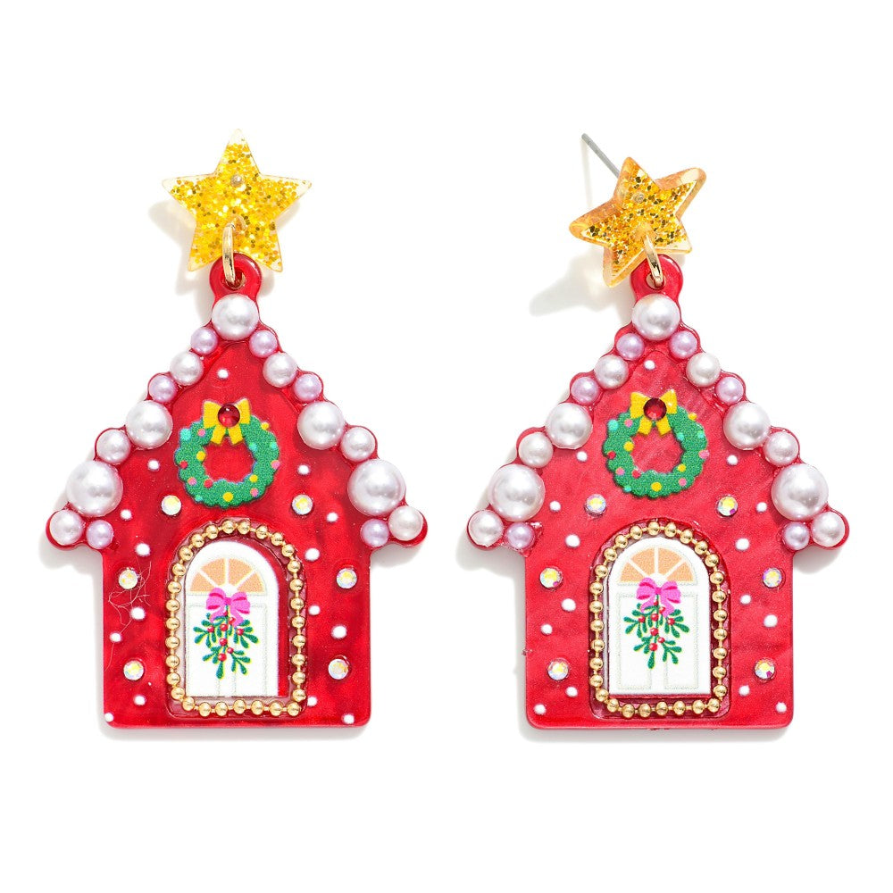 Acetate Christmas House Post Drop Earrings Featuring Pearls & Glitter Star Post - Red