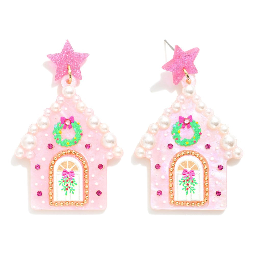 Acetate Christmas House Post Drop Earrings Featuring Pearls & Glitter Star Post - Pink