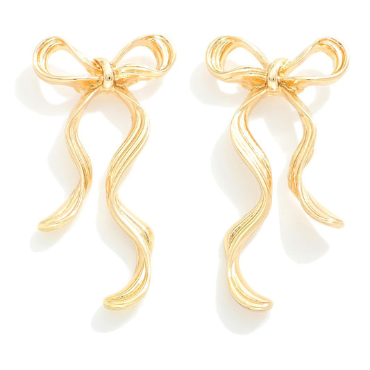 Metal Wavy Bow Post Drop Earrings - Gold