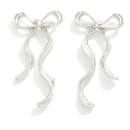 Metal Wavy Bow Post Drop Earrings - Silver