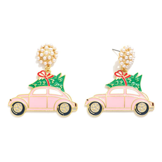 Enamel Christmas Car Post Drop Earrings Featuring Pave Pearl Post