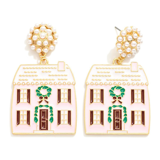 Enamel Christmas House Post Drop Earrings Featuring Pave Pearl Post