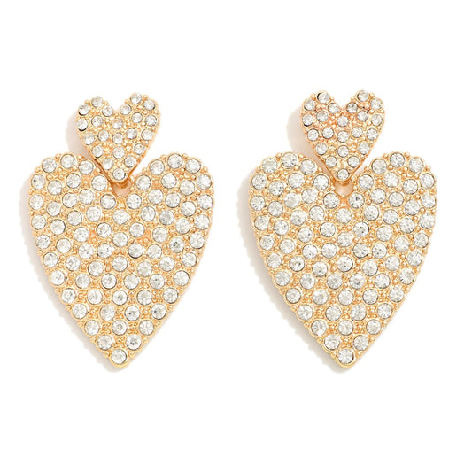 Linked Rhinestone Pave Heart Post Drop Earrings - Gold