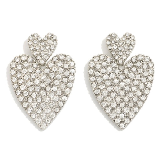 Linked Rhinestone Pave Heart Post Drop Earrings - Silver