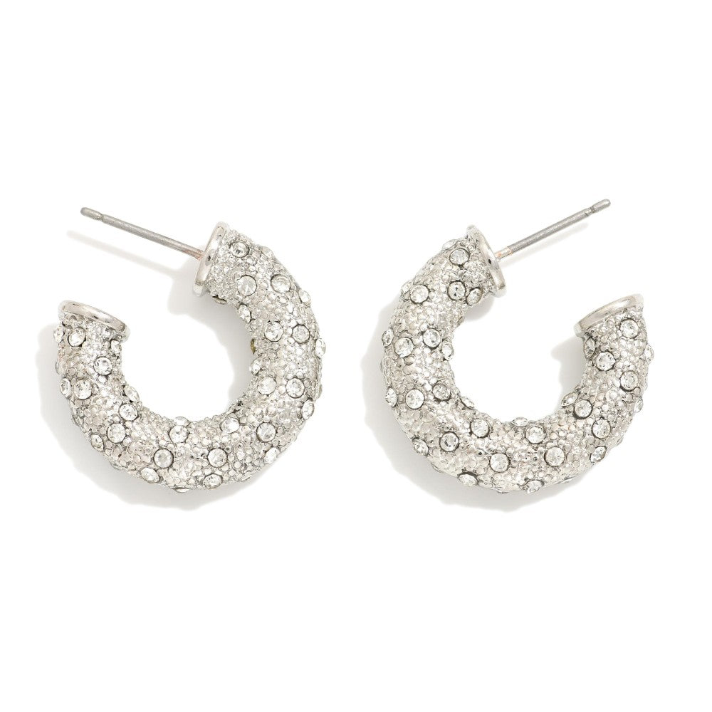 Textured Metal Hoop Earrings With Rhinestone Accents - Silver