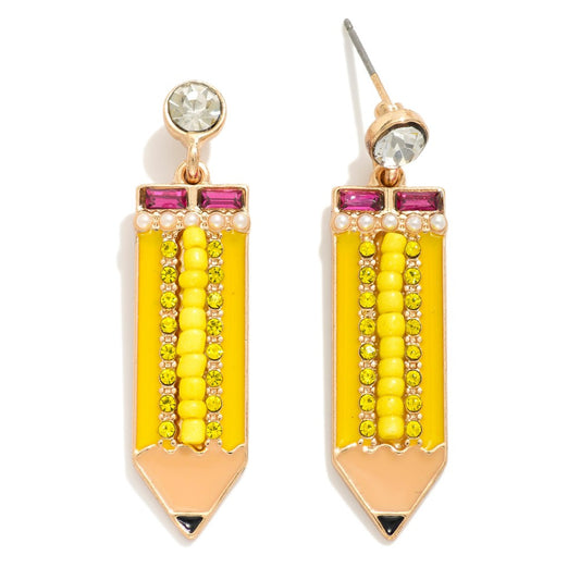 Pencil Drop Earring Featuring Rhinestones And Pearls