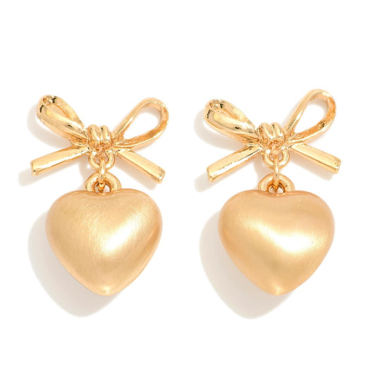 Metal Bow Heart Drop Earrings - Gold