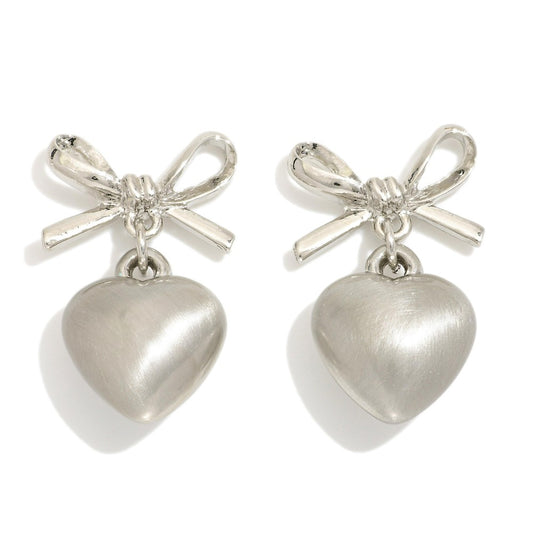 Metal Bow Heart Drop Earrings - Silver