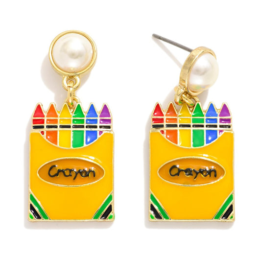 Enamel Crayon Box Post Drop Earrings Featuring Pearl Post