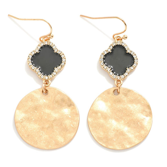 Clover Drop Earrings With Rhinestone Border With Hammered Metal Disk