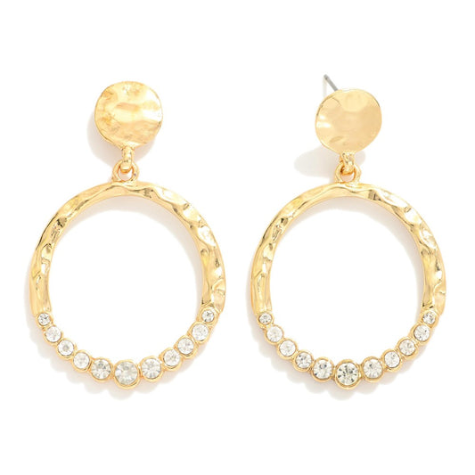 Metal Tone Linked Hammered Circle Drop Earrings Featuring Rhinestone Circle