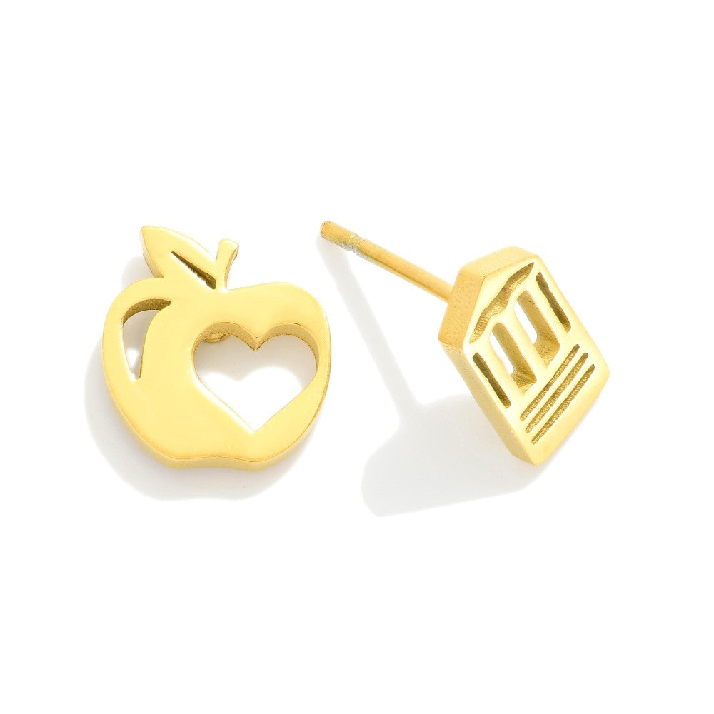 Metal Tone Apple & Pencil Stud Earrings - Gold
