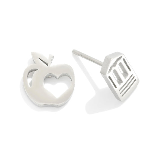 Metal Tone Apple & Pencil Stud Earrings - Silver