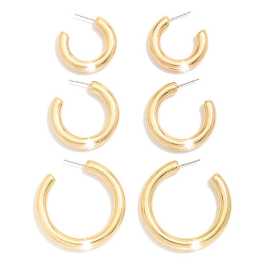 Set Of Three Chunky Metal Drop Hoops - Gold