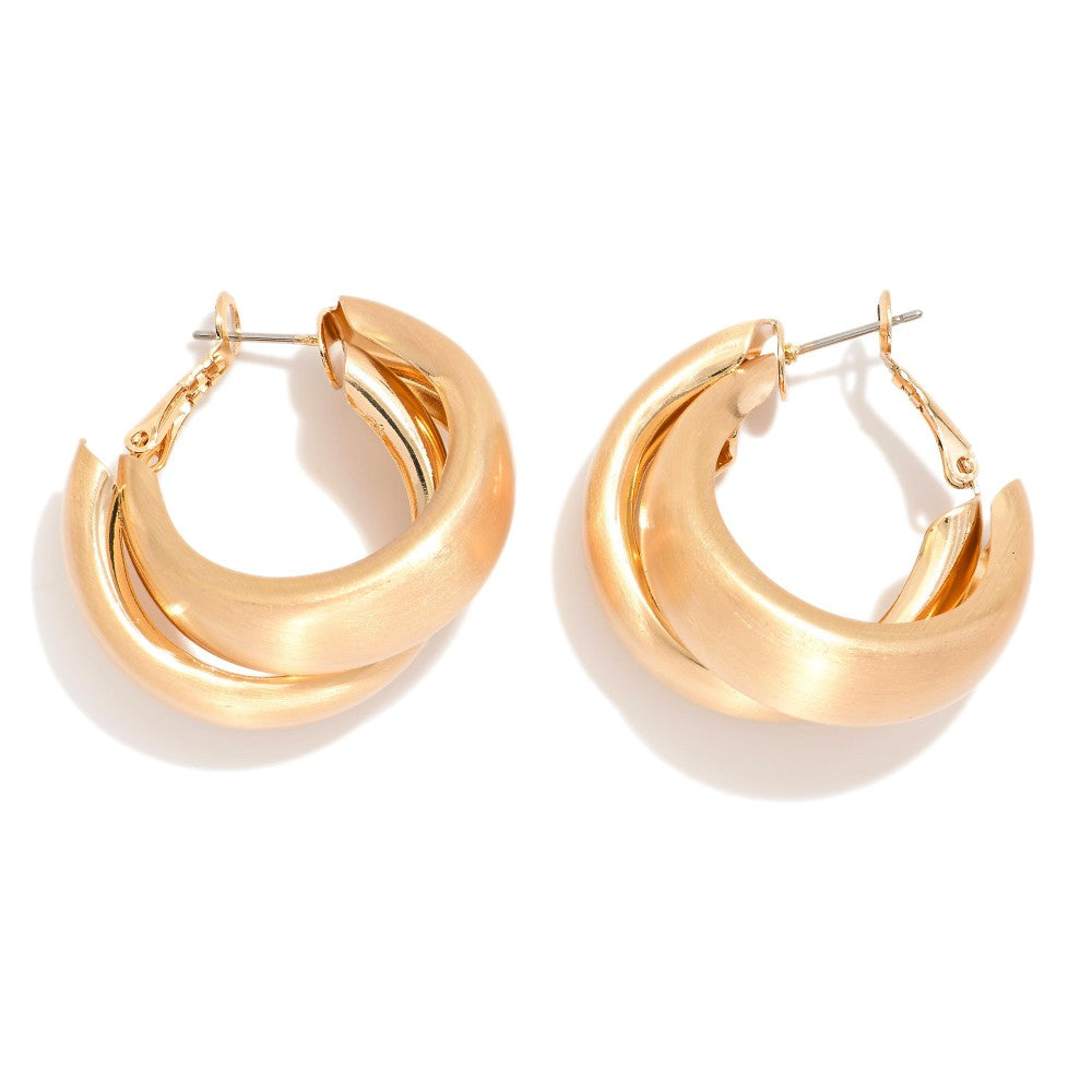 Chunky Layered Brushed Metal Hoop Earrings - Gold