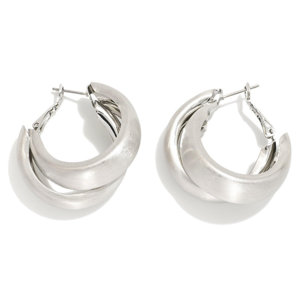 Chunky Layered Brushed Metal Hoop Earrings - Silver