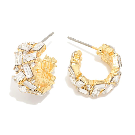 Emerald Cut Rhinestone Studded Hoop Earrings- Clear