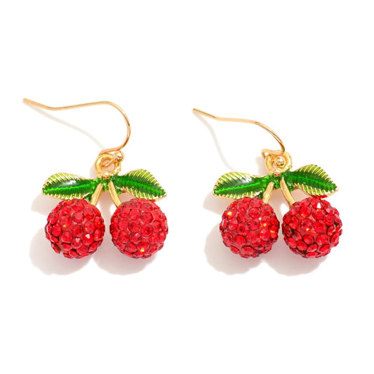 Pave Rhinestone Cherries Drop Earrings