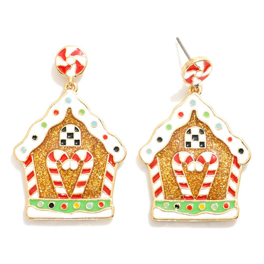 Enamel Gingerbread House Post Drop Earrings With Glitter Details