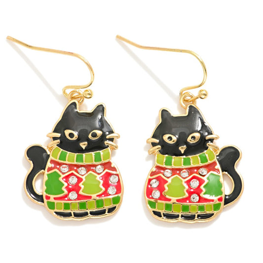 Enamel Christmas Cat Drop Earrings - Black