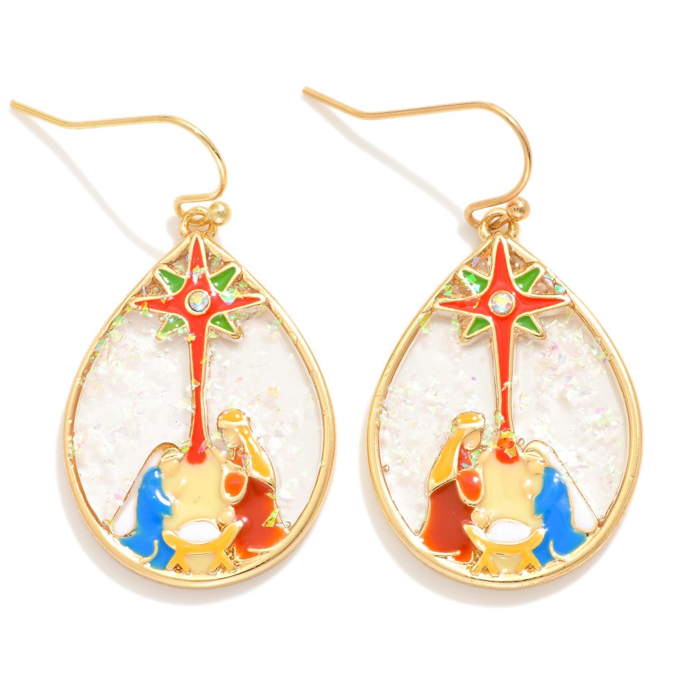 Glitter Resin & Enamel Teardrop Nativity Scene Drop Earrings - Gold