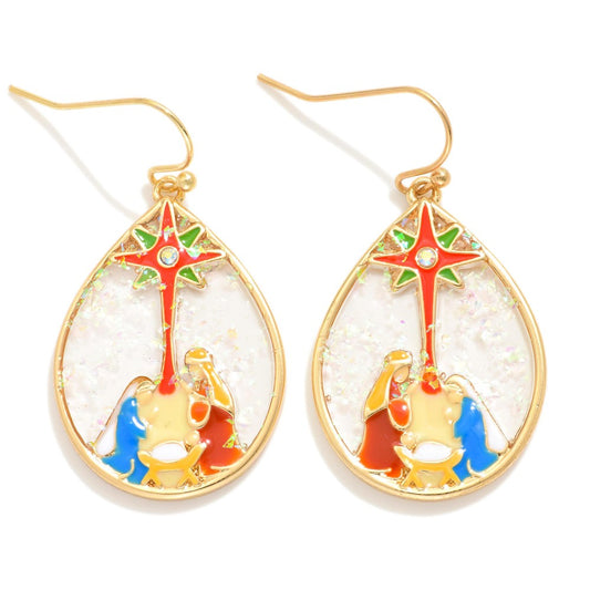 Glitter Resin & Enamel Teardrop Nativity Scene Drop Earrings - Gold