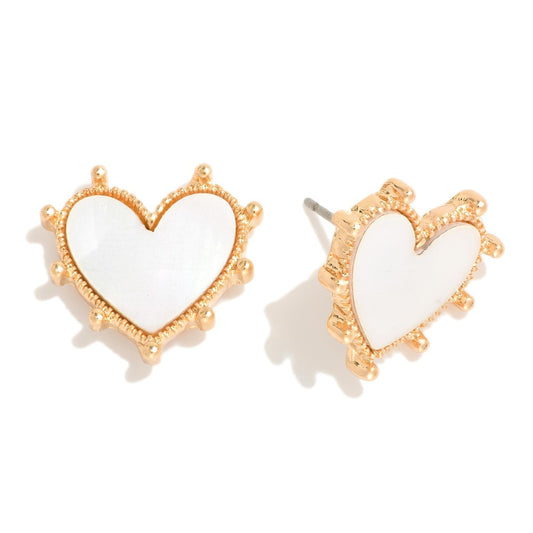 Pearlescent Heart Stud Earrings Featuring Metal Tone Studded Border