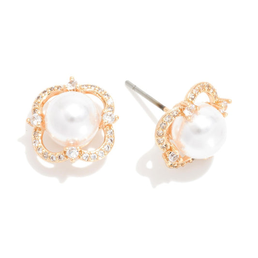 Pearl Stud Earrings Featuring Rhinestone Studded Clover Border