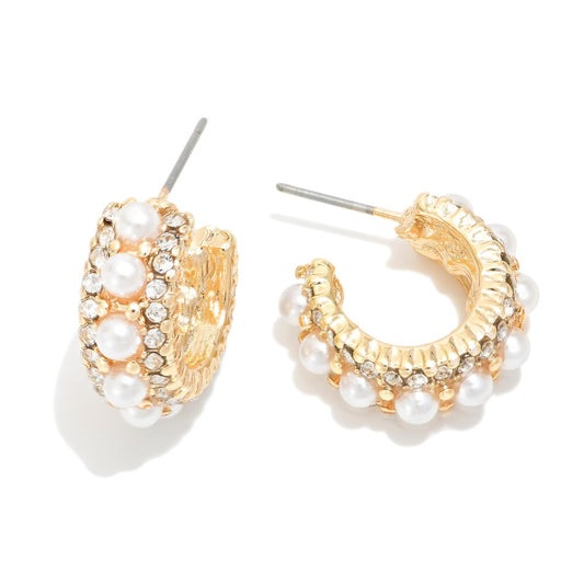 Pearl & Rhinestone Studded Hoop Earrings