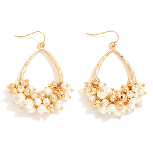 Hammered Metal Teardrop Drop Earrings Featuring Pearl & Metal Tone Cluster Accent - Gold