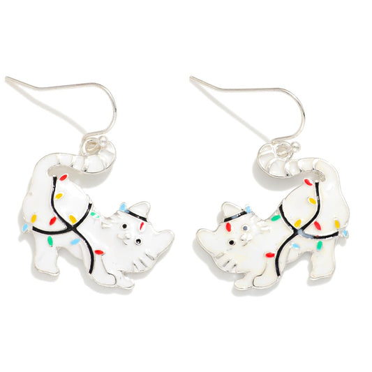 Enamel Christmas Cat Drop Earrings