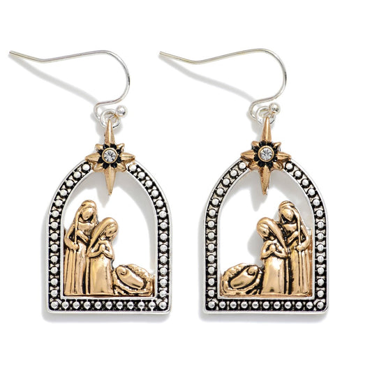 Metal Tone Nativity Scene Drop Earrings