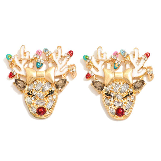 Metal Tone & Enamel Reindeer Post Drop Earrings Featuring Rhinestone Details