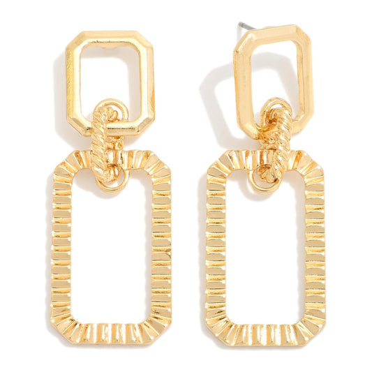 Linked Metal Tone Octagon Drop Earrings Featuring Textured Metal Details - Gold
