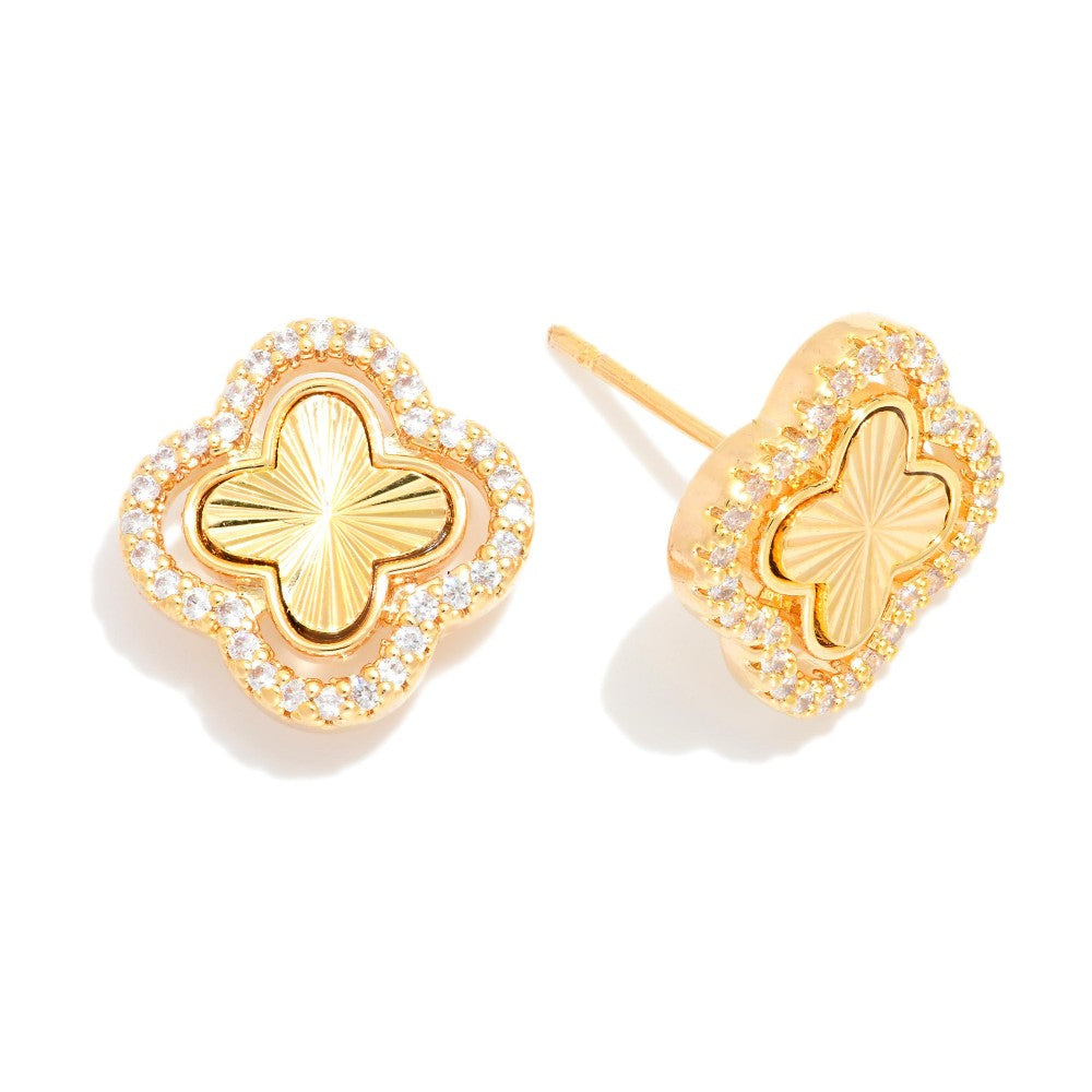 Clover Stud Earrings With Rhinestone Details - Gold