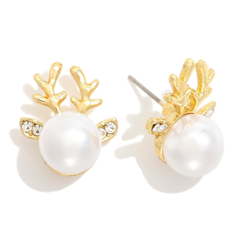 Gold Reindeer Pearl Stud Earrings Christmas Holiday Jewelry