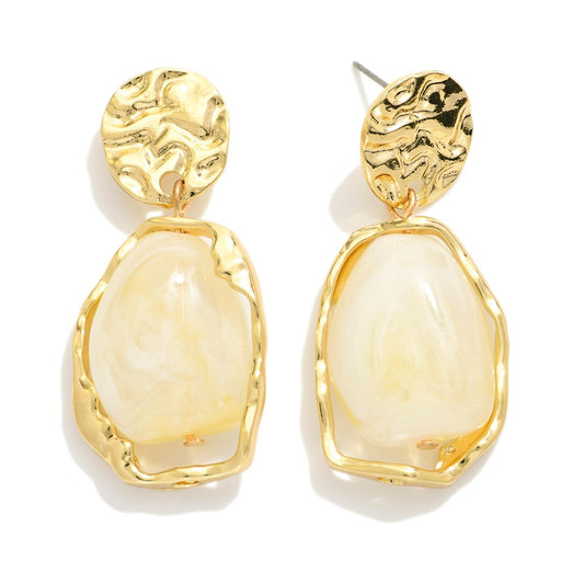 Metal Tone Hammered Disc Post Drop Linked With Metal Abstract Geometric Shape Drop Earrings - White