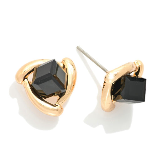 Metal Tone Triangle Stud Earrings Featuring Glass Crystal Square Detail - Black